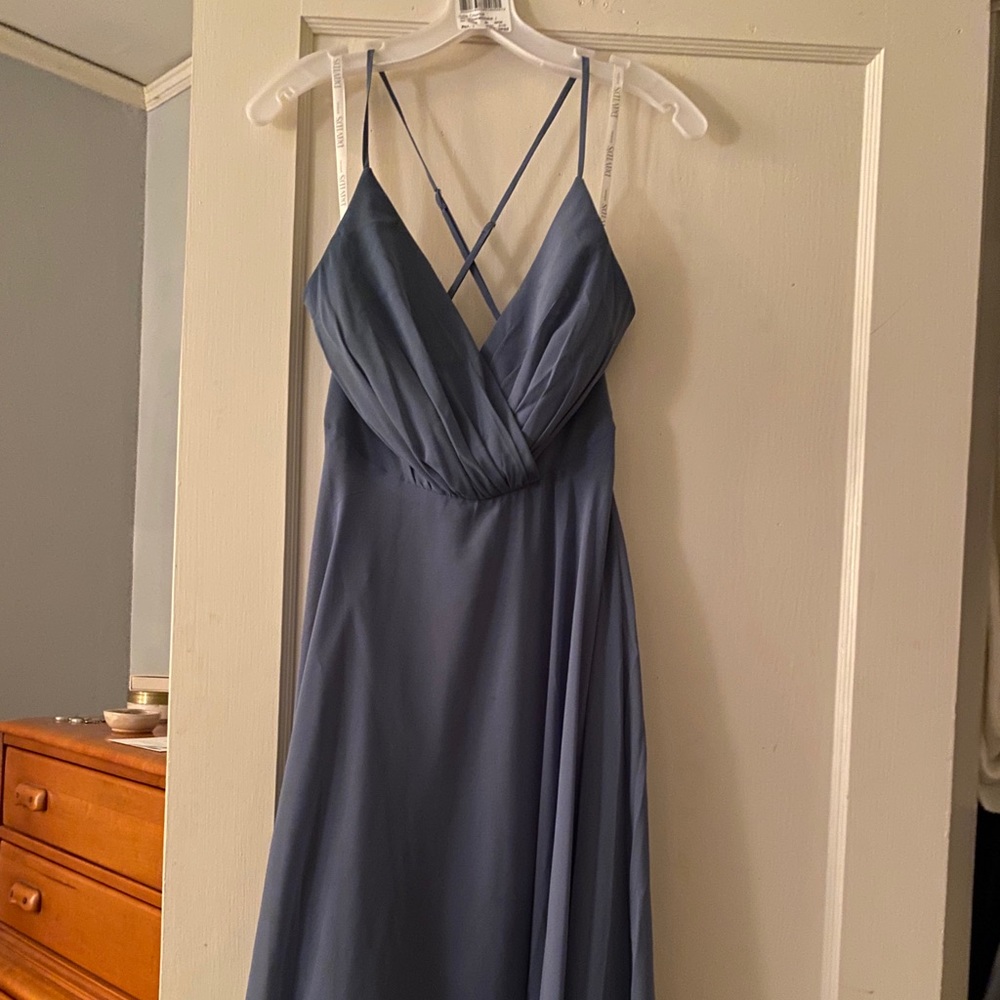 David’s Bridal Steel Blue Bridesmaid Dress
